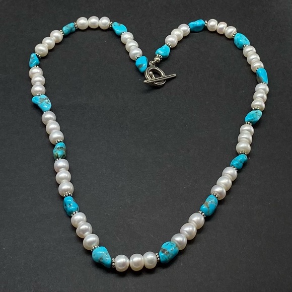 Vintage Sterling Silver Turquoise & Pearl Necklace - Picture 3 of 4